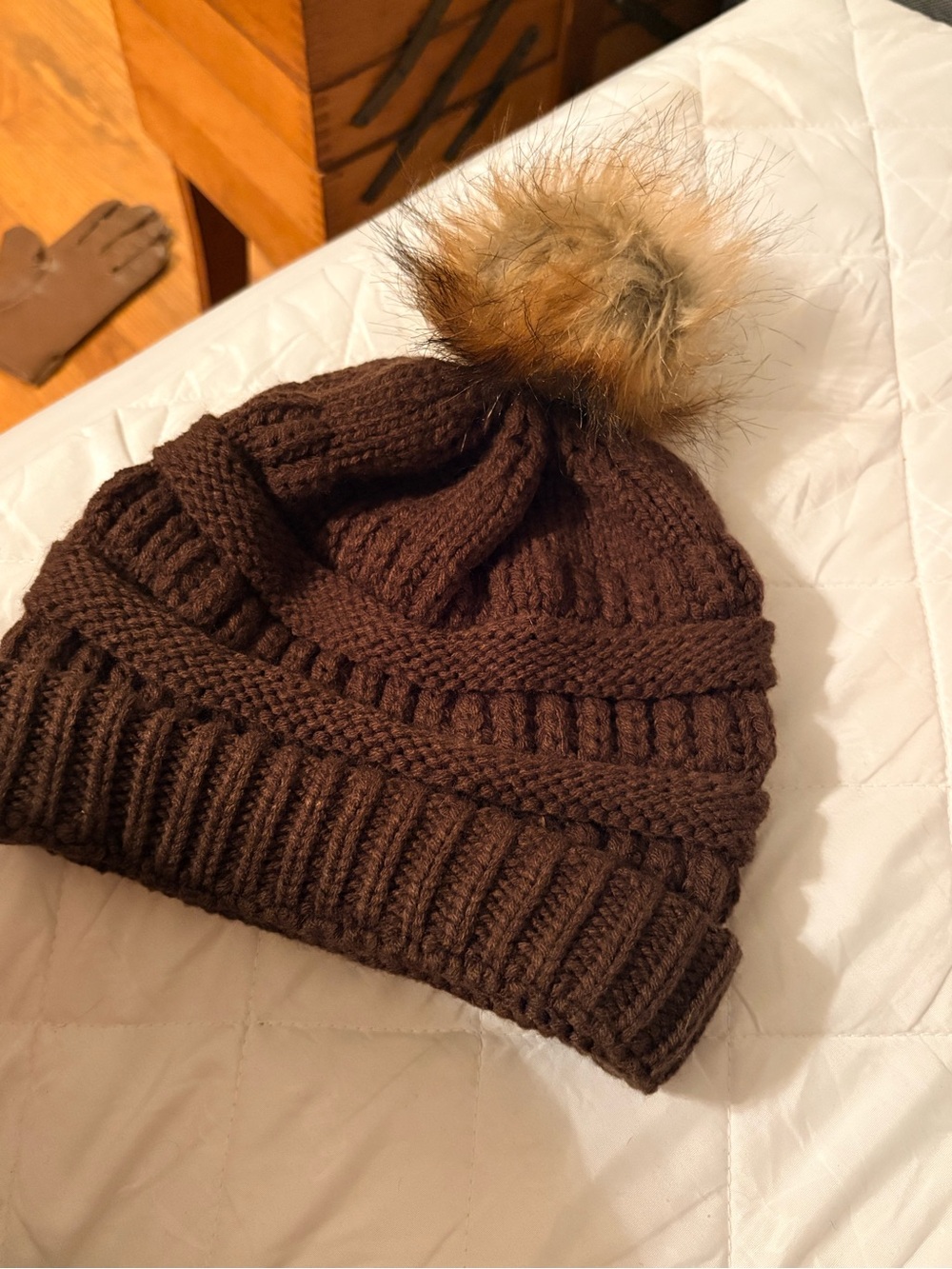 WomensDark Brown Knit Pom-Pom Beanie - Cozy Winter Hat